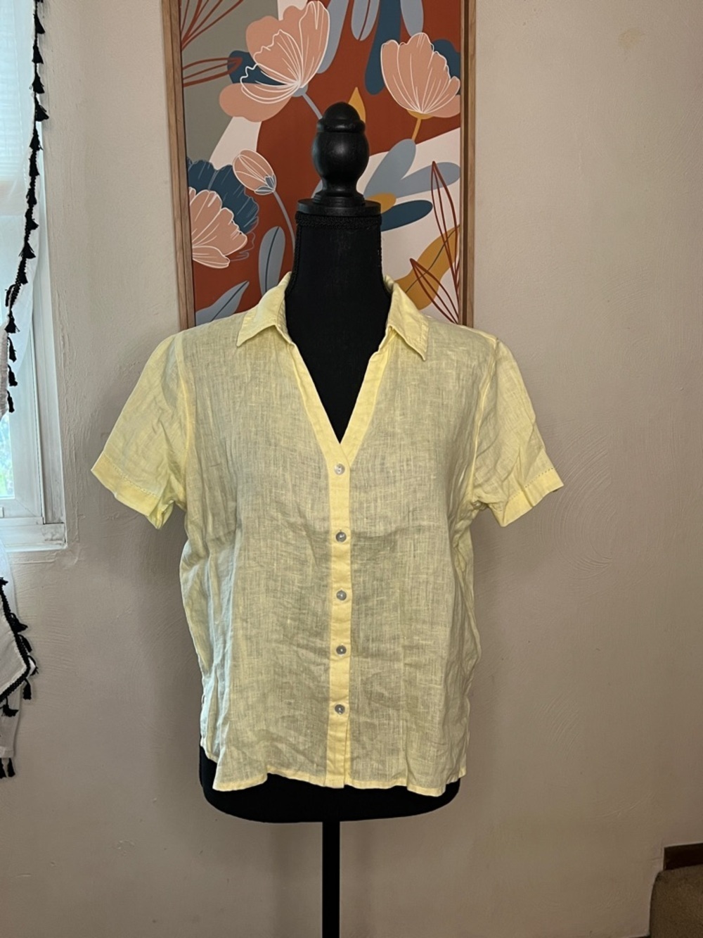 Joie Linen Light Yellow Women's Button-Front Short Sleeve Top Size M
